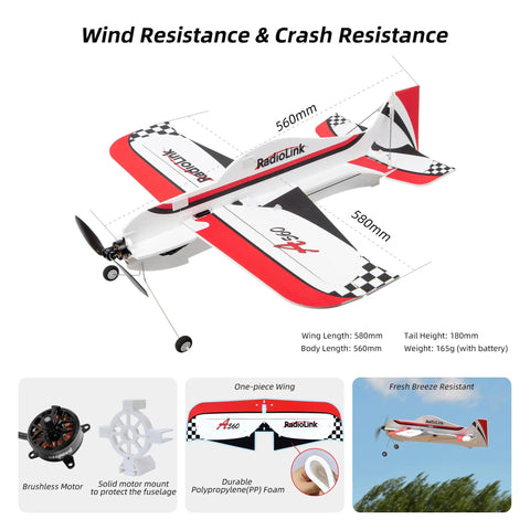 Ready To Fly RC Airplane With 3D Fixed Wing 580mm Wingspan EPP body displayed with wind resistance features and measurements
