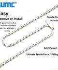 Heavy Duty E Bike Chain For 6 7 8 Speed 136 Links High Tensile Strength Anti Break Rust Proof Corrosion Resistant Replacement Drive Chain For Electric Mountain Bikes And Mid Drive E Bikes displayed with specifications.