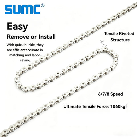 Heavy Duty E Bike Chain For 6 7 8 Speed 136 Links High Tensile Strength Anti Break Rust Proof Corrosion Resistant Replacement Drive Chain For Electric Mountain Bikes And Mid Drive E Bikes displayed with specifications.