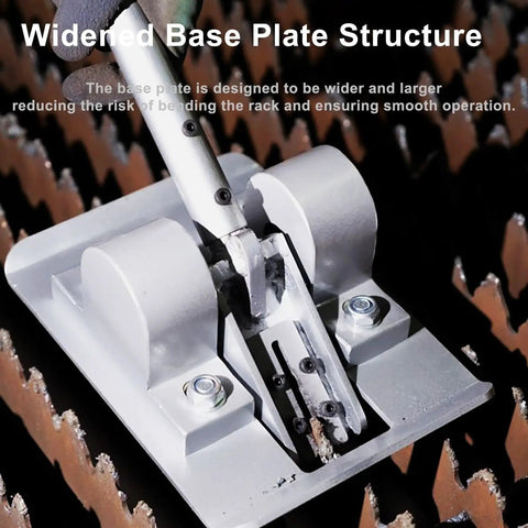Close-up of Rugged Heavy Duty Manual Slag Remover with widened base plate for welding and thermal cutting.