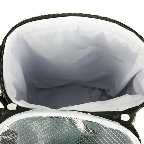 Open view of insulated interior of Black Insulated Golf Bag Cooler And Accessory Caddy Holds Ten 12 Oz Cans Plus Ice