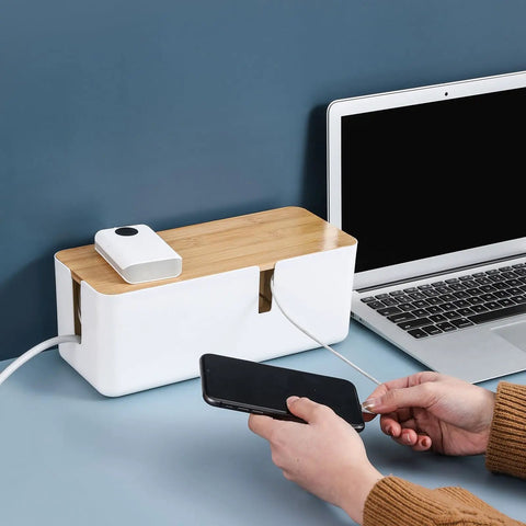 Cable Management Box With Bamboo Lid For Hiding Extension Cords And White Surge Protectors Perfect Desk Or Nightstand Cord Concealer
