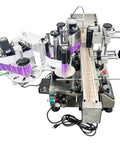 Fully Automatic Round Bottle Labeling Machine Featuring Plug And Play Touchscreen Controls and Smart Auto Correction, side view showing labeling process.