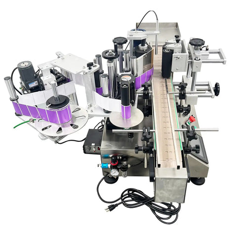 Fully Automatic Round Bottle Labeling Machine Featuring Plug And Play Touchscreen Controls and Smart Auto Correction, side view showing labeling process.