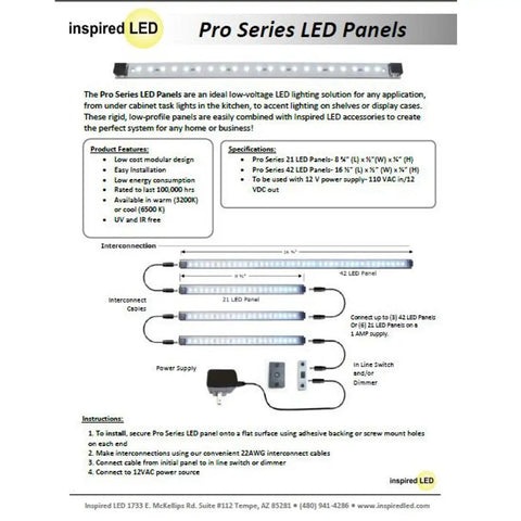 Instruction sheet showing Under Cabinet LED Lighting Kit Pro Series 21 LED Panels 24 Watt 12V DC Cool White 6000K features and installation.
