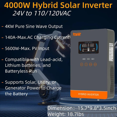 4000W Hybrid Solar Inverter 24V DC To 110V AC Pure Sine Wave With 140A MPPT Charge Controller, 4200W Max PV Input, 500VDC