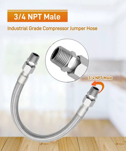 Top Tier 40 Inch 3/4 Inch Air Compressor Hose With Rotatable NPT Couplers showing flexible stainless steel connection.