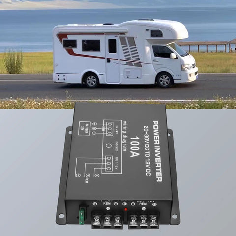 Beefy 24V To 12V Buck Converter For Cars And Trucks, 100A 1200W, Converts 20 To 30V Input To Stable 12V Output, close-up view on RV