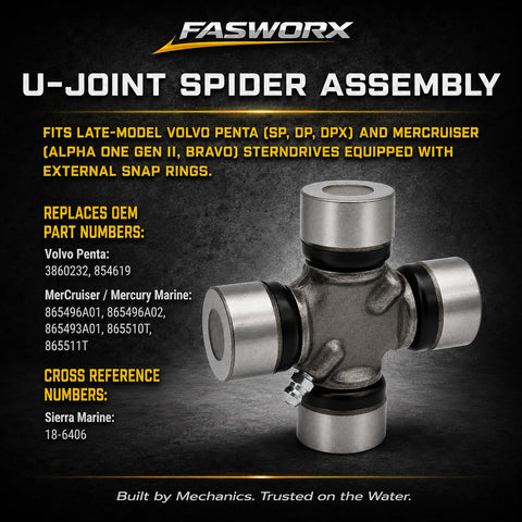 Heavy Duty Marine U Joint Spider Assembly With External Clip Design For Sterndrives Fits Alpha One Gen II Bravo DP DPX SP External Clip Style Replacement, steel