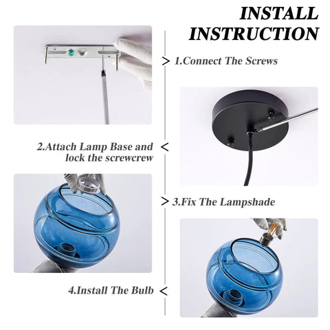 Installation steps for Two Pack Blue Glass Pendant Lights With Round Shade, Modern Hanging Fixture For Kitchen Island, Sink And Dining Room.