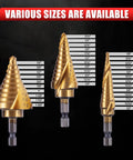 Six Piece HSS 4241 Titanium Coated Step Drill Bit And Automatic Center Punch Set showing multi size options.