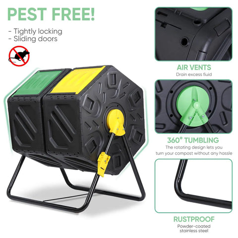 37 Gallon Garden Compost Tumbler With 360 Degree Rotation Dual Bin System showing air vents and powder-coated stainless steel frame.
