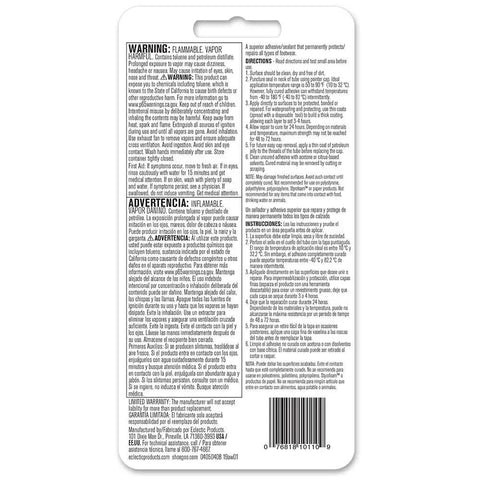 Back of Mini Adhesive Sealant Kit Four Pack Clear for Quick Repairs and Patches package showing instructions and warnings.