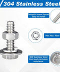 Stainless steel hex head bolt with washer and nut, 1/4-20 x 1in, 304 stainless.