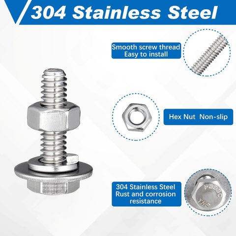 Stainless steel hex head bolt with washer and nut, 1/4-20 x 1in, 304 stainless.