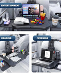 No Jiggle Rear Car Desk For Tesla Cybertruck Heavy Duty Anti Wobble Backseat Tray Table with tablet and accessories for entertainment.