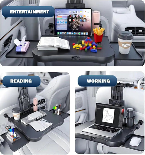 No Jiggle Rear Car Desk For Tesla Cybertruck Heavy Duty Anti Wobble Backseat Tray Table with tablet and accessories for entertainment.