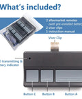 Two Pack Universal Garage Door Opener Remote For LiftMaster Chamberlain Sears Craftsman showing buttons and included items.