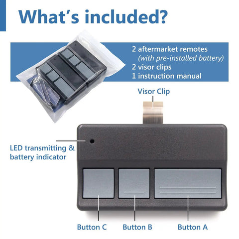 Two Pack Universal Garage Door Opener Remote For LiftMaster Chamberlain Sears Craftsman showing buttons and included items.