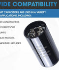 161-193 UF Round Motor Start Capacitor 110-125V AC 50/60Hz universal fit displayed with wide compatibility applications.