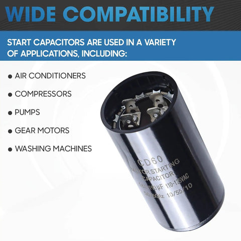 161-193 UF Round Motor Start Capacitor 110-125V AC 50/60Hz universal fit displayed with wide compatibility applications.
