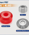 Three Eighths Inch Universal Sway Bar Bushing Repair Kit With Stainless Steel Washers And Nuts For Front Stabilizer Bar Bushings, Built Tough, Corrosion Resistant Hardware, Easy Install. includes 8 bushings, 8 washers, 2 nuts