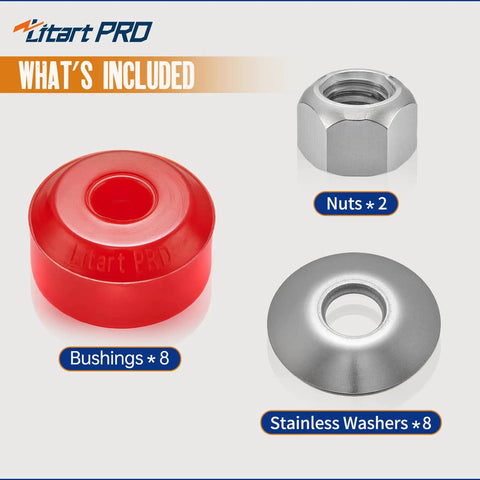 Three Eighths Inch Universal Sway Bar Bushing Repair Kit With Stainless Steel Washers And Nuts For Front Stabilizer Bar Bushings, Built Tough, Corrosion Resistant Hardware, Easy Install. includes 8 bushings, 8 washers, 2 nuts