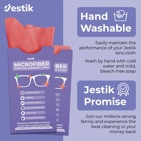 Jestik microfiber cleaning cloths, pack of 6, purple packaging with red cloths for eyeglasses and lenses.