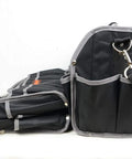 Collapsed and upright 19 Inch Collapsible Tool Tote with adjustable shoulder strap, waterproof Oxford organizer, grey trim, 17 pockets.