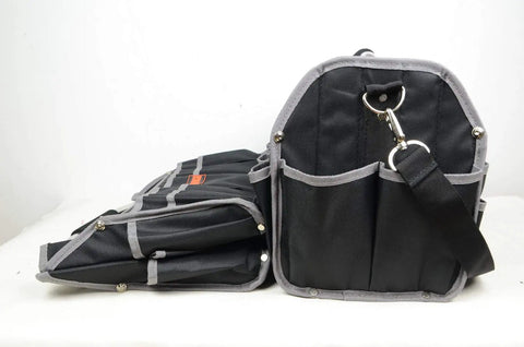 Collapsed and upright 19 Inch Collapsible Tool Tote with adjustable shoulder strap, waterproof Oxford organizer, grey trim, 17 pockets.