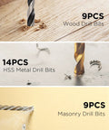 Close-up of a set showing drill bits: 9PCS wood, 14PCS HSS metal, 9PCS masonry, part of Do It All Drill Bit Set And Driver Bits Kit