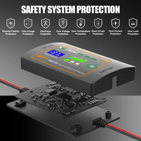 10A 12V MPPT Solar Charge Controller With LCD Display Smart Panel Regulator showing safety system protection features