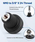 NMO to Three Eighths Inch By Twenty Four Thread Antenna Adapter showing connection points and brass center contact