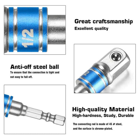 High-speed nut driver with impact grade socket adapter set 1/4 to 1/2 inch drive, includes 1/4, 3/8, 1/2 inch adapters, blue metal finish
