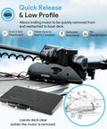 No Fuss Quick Release Bracket MKA21 For Terrova Ulterra PowerDrive Riptide ST SP Pontoon Deckhand 40 Trolling Motors Mount Easy Install Durable Mounting Bracket For Freshwater And Saltwater on boat deck, black metal plate close-up