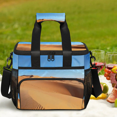 Insulated Picnic Backpack Lunch Box for Everyday Carry Big 12x9 Inch Tote on picnic with desert print design