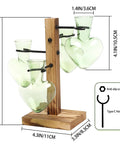 Side view of Colorful Glass Plant Terrarium Propagation Stations with wooden stand, displaying heart-shaped green vases.