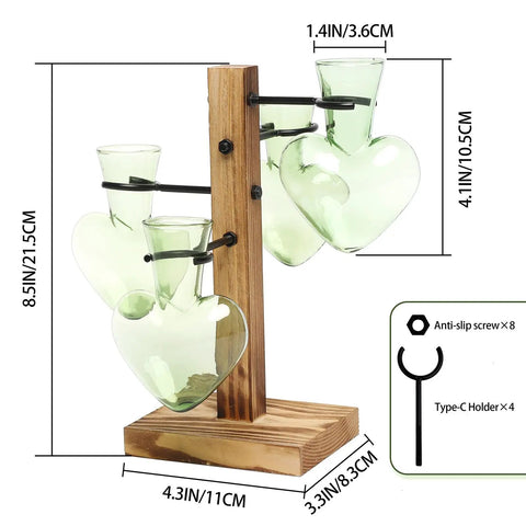 Side view of Colorful Glass Plant Terrarium Propagation Stations with wooden stand, displaying heart-shaped green vases.