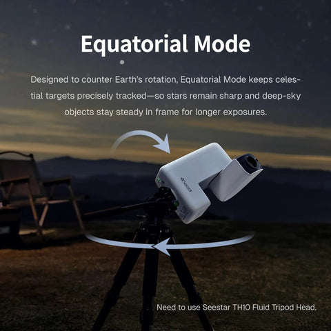 Seestar S30 Pro Smart Telescope with App Control demonstrating Equatorial Mode under night sky for astrophotography.