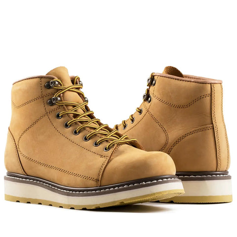Men's Six Inch Leather Work Boots With Slip Resistant Tread And Dual Density Pu Wedge Sole For Hella Underfoot Cushioning On Concrete And Hard Floors All Day Long