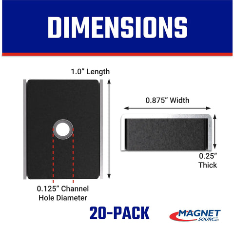 Latch Magnet Assembly Set Rectangular Nickel Plated Magnets In Zinc Plated Channel Center Hole For Easy Mount Heavy Duty Hold 1 Inch Long By 0.875 Inch Wide By 0.25 Inch High 7 Pound Pull Silver Pack Of 20