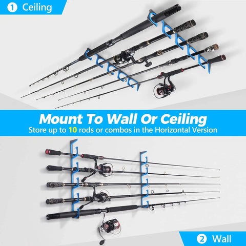 H5 Horizontal Fishing Rod And Pole Holder for garage, wall or ceiling mounts, aviation aluminum rod organizer holds up to 10 rods.