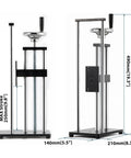Manual Force Test Stand With Hand Wheel 250mm Stroke Dual Mounting Plate 41x73mm And 40x90mm For ZMF Force Gauge Sold Separately Built For Precise Repeatable Measurements And Smooth Operation, front and side view with dimensions