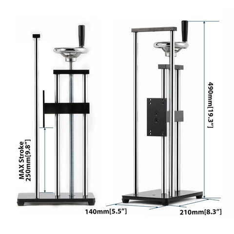 Manual Force Test Stand With Hand Wheel 250mm Stroke Dual Mounting Plate 41x73mm And 40x90mm For ZMF Force Gauge Sold Separately Built For Precise Repeatable Measurements And Smooth Operation, front and side view with dimensions