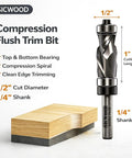 Compression Top And Bottom Bearing Flush Trim Router Bit With One Quarter Inch Shank, One Half Inch Cutting Diameter, Carbide Spiral Up Down Pattern, Heavy Duty Template Flush Cut Router Bit For Wood Trimming, Industrial Grade Solid Carbide next to wooden board