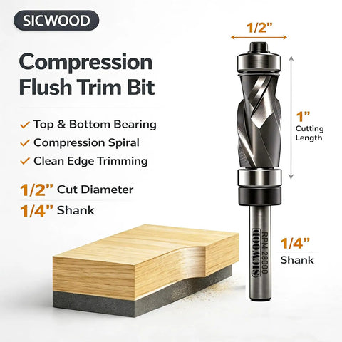 Compression Top And Bottom Bearing Flush Trim Router Bit With One Quarter Inch Shank, One Half Inch Cutting Diameter, Carbide Spiral Up Down Pattern, Heavy Duty Template Flush Cut Router Bit For Wood Trimming, Industrial Grade Solid Carbide next to wooden board