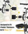 Kids 1.5 Inch Bicycle Pedal Blocks Bring Pedals Closer To Feet For Better Control And A Secure Comfy Ride Small Size 82 By 64mm Adds About Three Quarters Inch Height, shown attached to a child's tricycle, fit for 35mm pedal thickness.