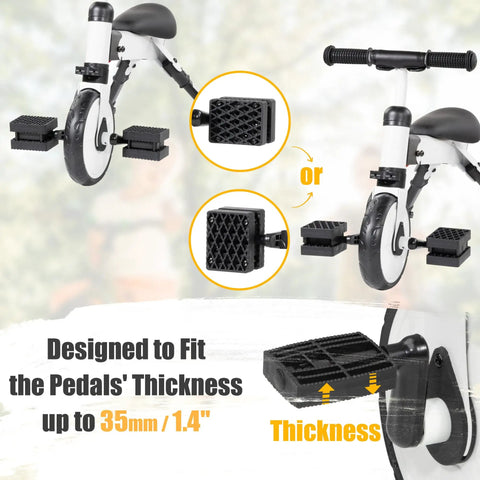 Kids 1.5 Inch Bicycle Pedal Blocks Bring Pedals Closer To Feet For Better Control And A Secure Comfy Ride Small Size 82 By 64mm Adds About Three Quarters Inch Height, shown attached to a child's tricycle, fit for 35mm pedal thickness.