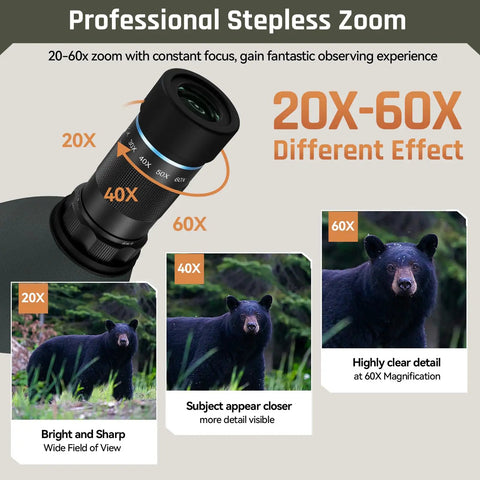 Close-up of 20 To 60x80 ED Spotting Scope with zoom levels showcasing wildlife clarity, highlighting HD optics and focus features.