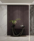 Slick 3D Black Oak Wood Slat Panels Peel And Stick Acoustic Foam Blocks on modern wall with marble accents.